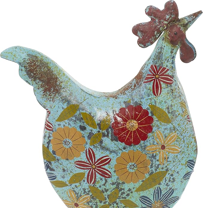 Deco 79 Metal Rooster Decorative Garden Sculpture Indoor Outdoor Distressed Standing Garden Statue with U Shaped Feet, Outdoor Sculpture 10" x 5" x 17", Green-VerdiqueGarden