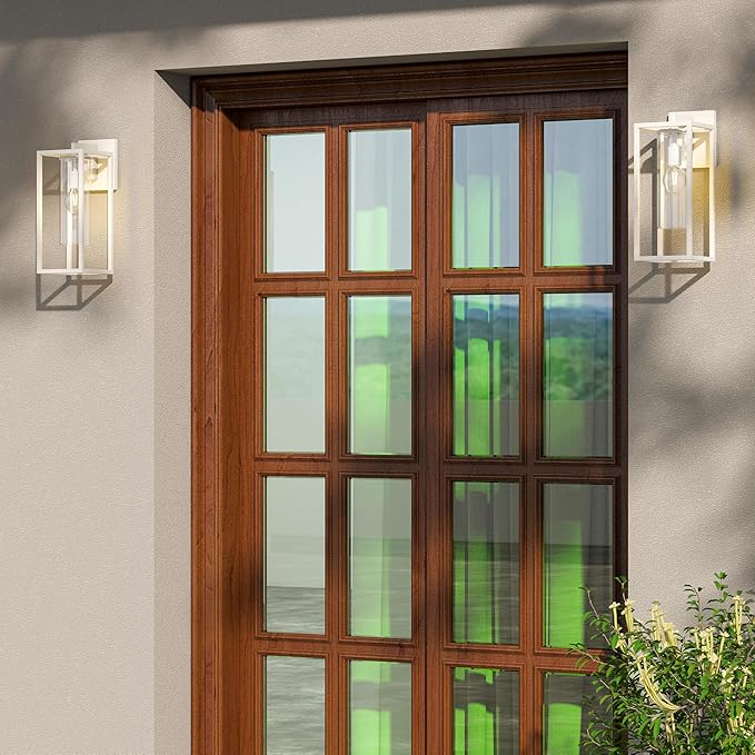 15.7 Inch Outdoor Wall Lights, Outdoor Wall Lantern with Circular Clear Glass Shade, Waterproof Exterior Lighting Fixtures, Modern Front Porch Lighting for House, Garage, E26 Base, ETL Listed, White-VerdiqueGarden