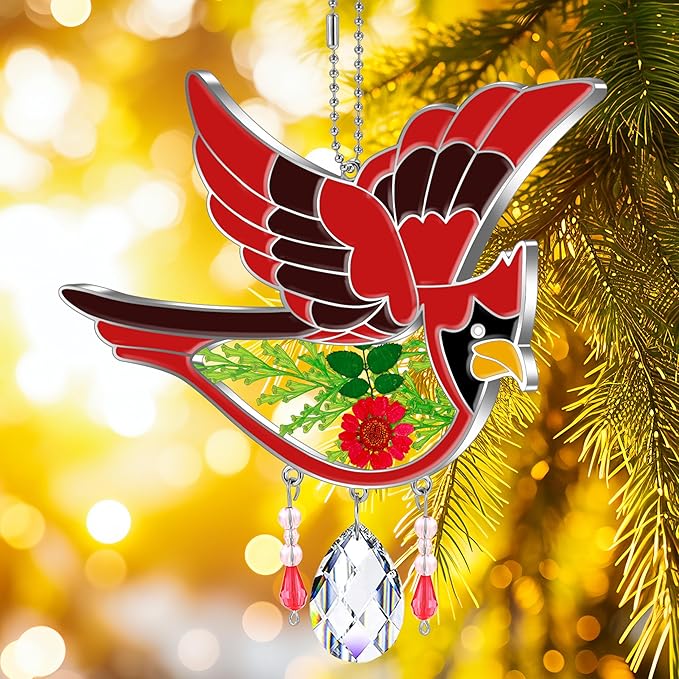 KY&BOSAM Cardinal Suncatcher Crystal Had Painted Glass Sun catchers Hangings for Windows Ornament with Pressed Real Flower and Heart Charm Birthday Gifts for Women Mom Mother's Day Christmas Mom Gifts-VerdiqueGarden