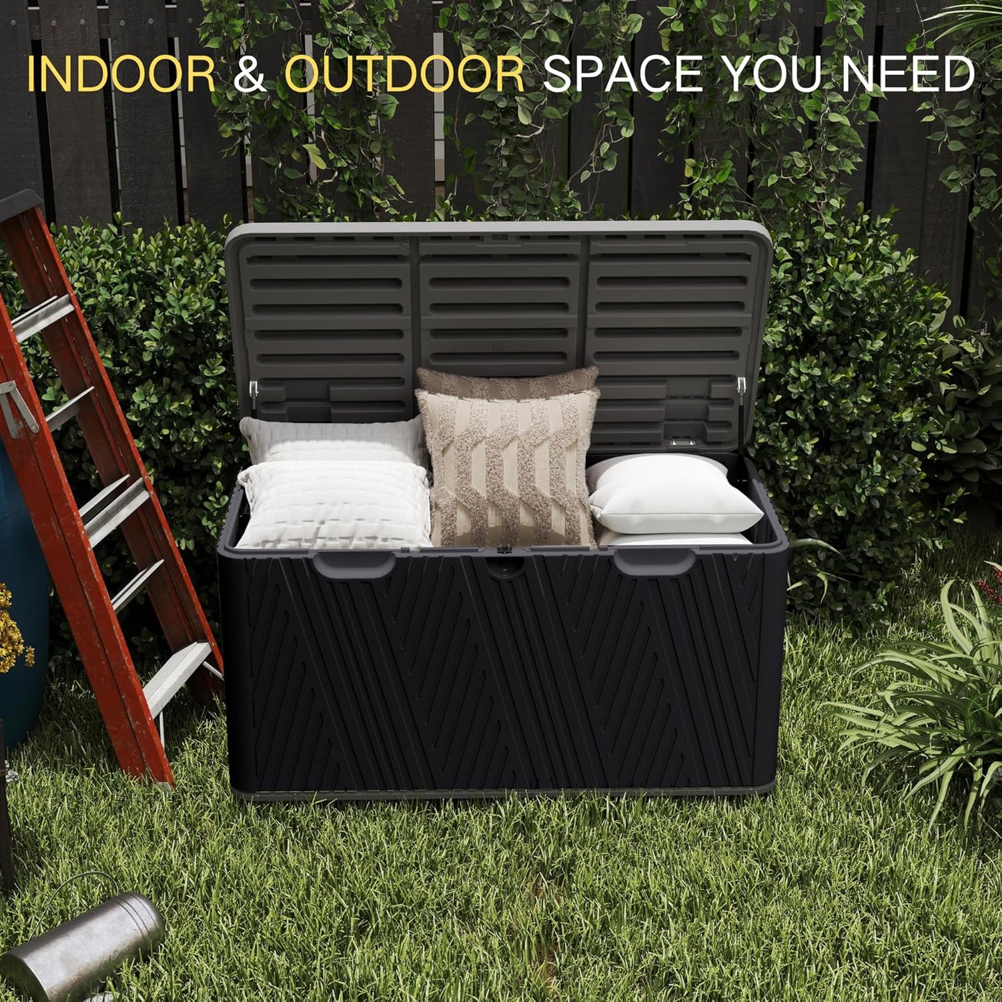 Kingdura 110 Gallon Outdoor Storage Box, Waterproof Resin Deck Box for Indoor and Outdoor Use, Lockable Storage Container for Patio Furniture Cushions Garden Tools (Black, 110 Gallon)-VerdiqueGarden