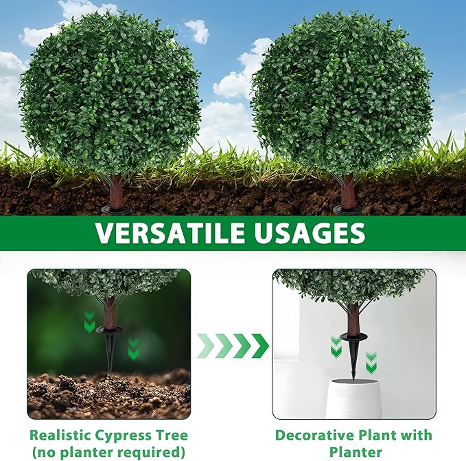Artificial Boxwood Topiary Ball Tree with Ground Spike, Set of 2 Artificial Shrub Bushes, Fake Evergreen Tree for Porch, Artificial Plants for Outdoor Planters Indoor UV Resistant-VerdiqueGarden
