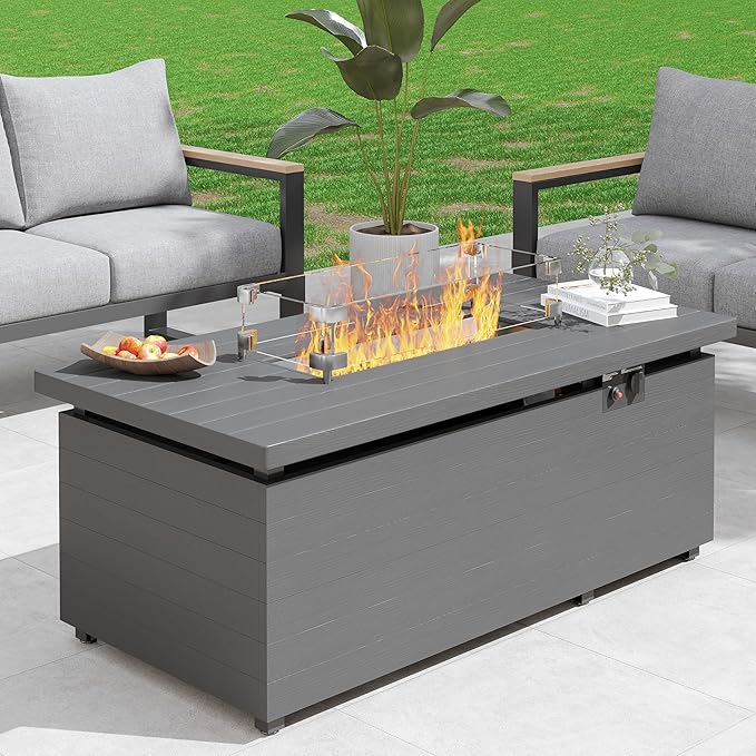 Sundale Outdoor 51 Inch Outdoor Fire Pit Table, 50,000 BTU Rectangle Propane Fire Pit with Glass Wind Guard, Rain Cover, Removable Lid, Matching with Outdoor Furniture Sets, CSA Certified, Gray-VerdiqueGarden