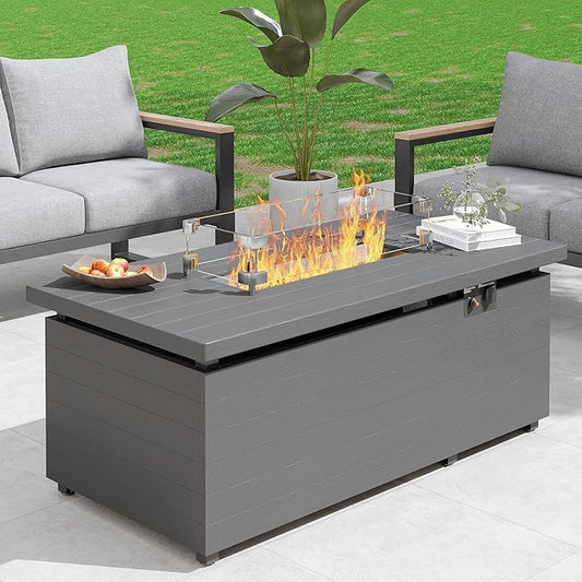 Sundale Outdoor 51 Inch Outdoor Fire Pit Table, 50,000 BTU Rectangle Propane Fire Pit with Glass Wind Guard, Rain Cover, Removable Lid, Matching with Outdoor Furniture Sets, CSA Certified, Gray-VerdiqueGarden