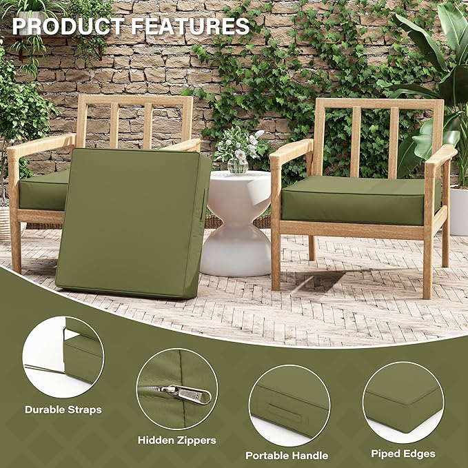 Patio Chair Cushions 24 X 24 X 5 Inch Waterproof Outdoor Seat Cushions for Patio Furniture, Outdoor Sofa Couch Pads with Ties & Handle, Set of 2, Light Green-VerdiqueGarden