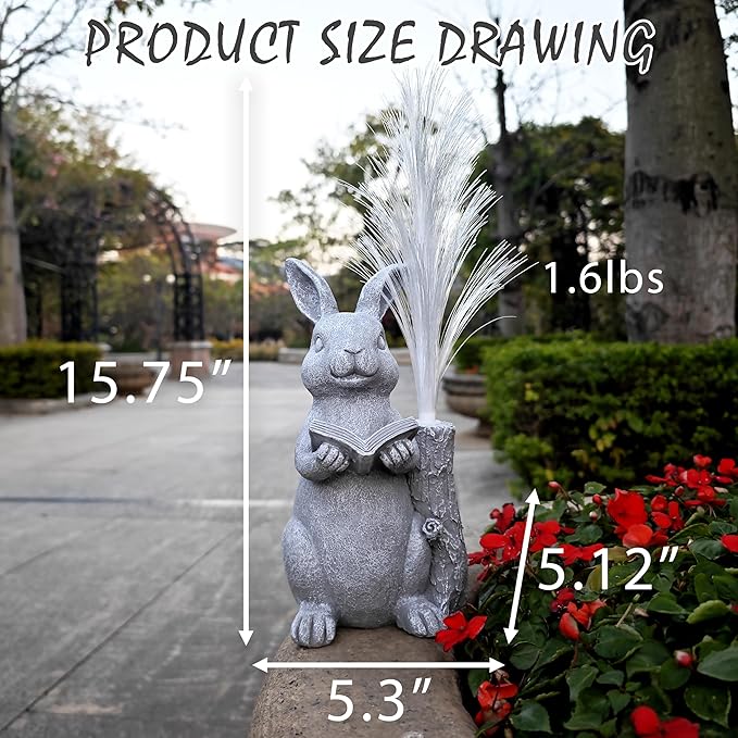 Rabbit Solar Garden Statues,Resin Rabbit Figurine Reading a Book and 7-Color Changing Optical Fiber with Solar Lights, Lawn Decor Outdoor Statue for Patio,Balcony,Yard,Lawn Ornament-VerdiqueGarden