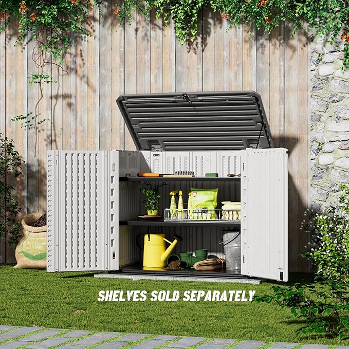 Outdoor Patio Storage Shed,Waterproof Horizontal Outdoor Storage Cabinet for Garbage Cans,Tools and Lawnmower Lockable(34 Cu.ft-Warm-White)-VerdiqueGarden