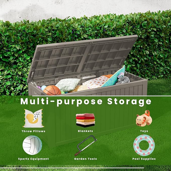 200 Gallon Outdoor Storage Bench Waterproof - Resin Deck Storage Chest for Patio & Pool, Lockable Outdoor Storage Box for Cushions & Tools, UV-Resistant, Granite Grey-VerdiqueGarden