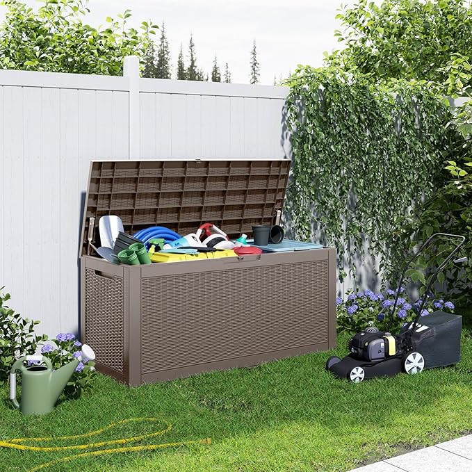 100 Gallon Resin Deck Box, Lockable Patio Outdoor Storage Box for Furniture, Garden Tools and Tools Storage, Waterproof Outside Storage Boxes - Grey-VerdiqueGarden