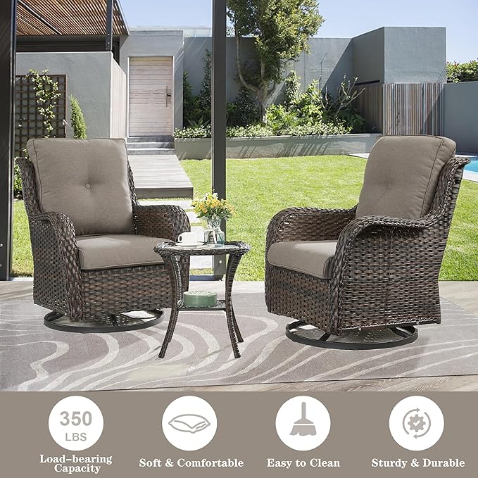 Patio Furniture Set Swivel Rcoker - 3 Pieces Outdoor Glider Rocking Chairs with Small Side Table, Wicker Chair Sets for Porch, Balcony and Garden-VerdiqueGarden