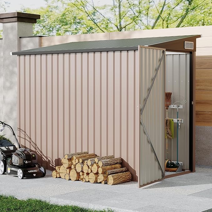 4x8 FT Metal Outdoor Lean to Storage Shed, Lean to Garden Shed Utility Tool Shed, Heavy-Duty Outdoor Metal Wall Side Storage Sheds-VerdiqueGarden