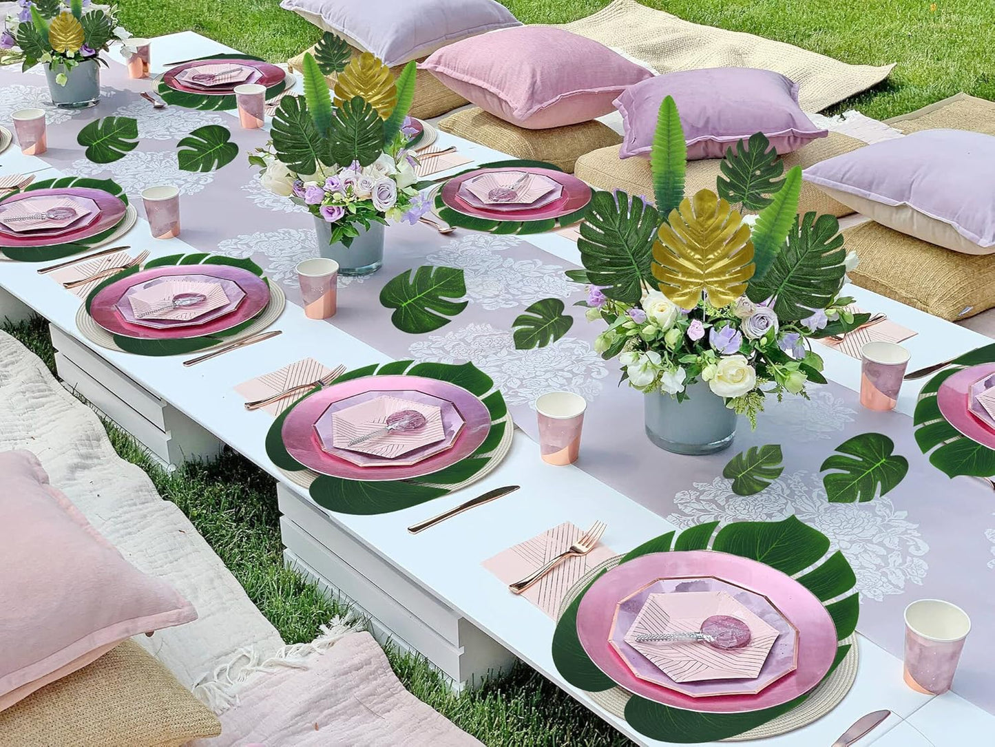 RECUTMS Artificial Tropical Palm Leaves 72Pcs 7 Kinds Green Gold Fake Monstera Leaf with Stem for Safari Jungle Hawaiian Luau Beach Baby Shower Wedding Birthday Party Table Summer Spring Decoration-VerdiqueGarden