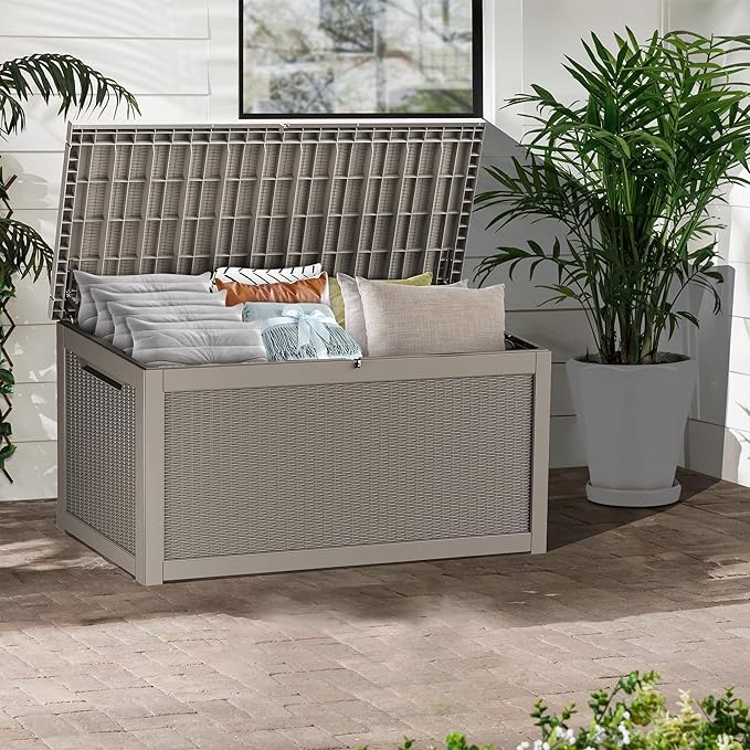 320 Gallon Lockable Resin Deck Box, Waterproof & UV-Resistant Outdoor Storage Box for Outdoor Cushion Storage, Garden Tools & Pool Accessories Storage, Gray-VerdiqueGarden