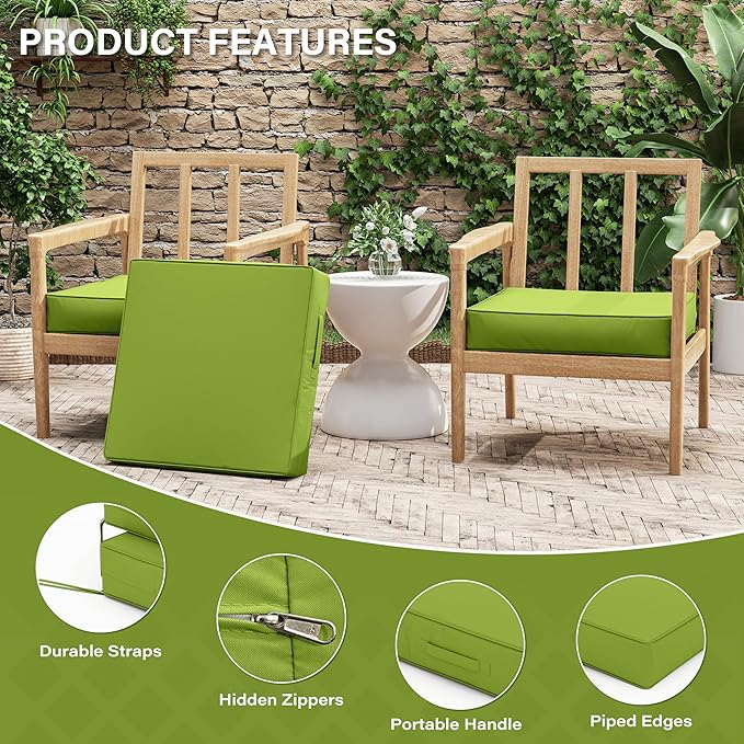Patio Chair Cushions 22 X 22 X 4 Inch Waterproof Outdoor Seat Cushions for Patio Furniture, Outdoor Sofa Couch Pads with Ties & Handle, Set of 2, Grass Green-VerdiqueGarden