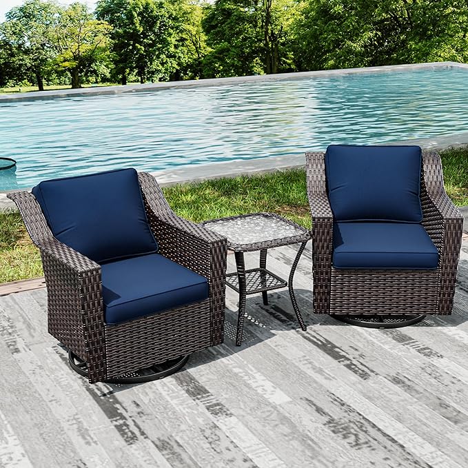 Joyside Wicker Patio Furniture Sets, 3 Pieces Upgraded Large Size Outdoor Furniture with 2 Patio Swivel Chairs and 1 Side Table, Thick Cushions, Wide Armrest-VerdiqueGarden