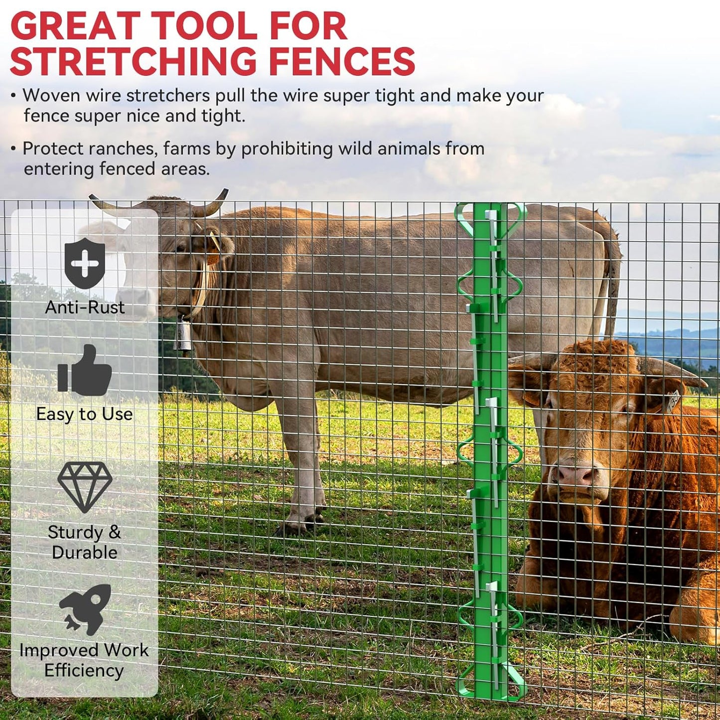 4ft Woven Wire Fence Stretcher Bar with 5 Wedges Heavy Duty Wire Stretcher Fence Tool for Farms, Ranches, Garden Barriers, Yard (Green)-VerdiqueGarden