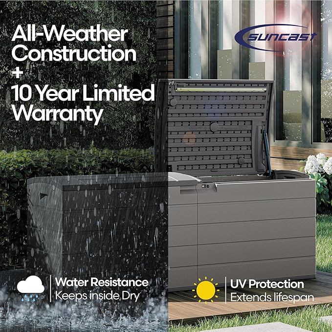 Suncast 120-Gal. All-Weather Patio Deck Box with Pad-Lockable Split Top Lid, Extra-Large Outdoor Storage Unit for Patio Furniture and Grill Tools, Made in the USA-VerdiqueGarden
