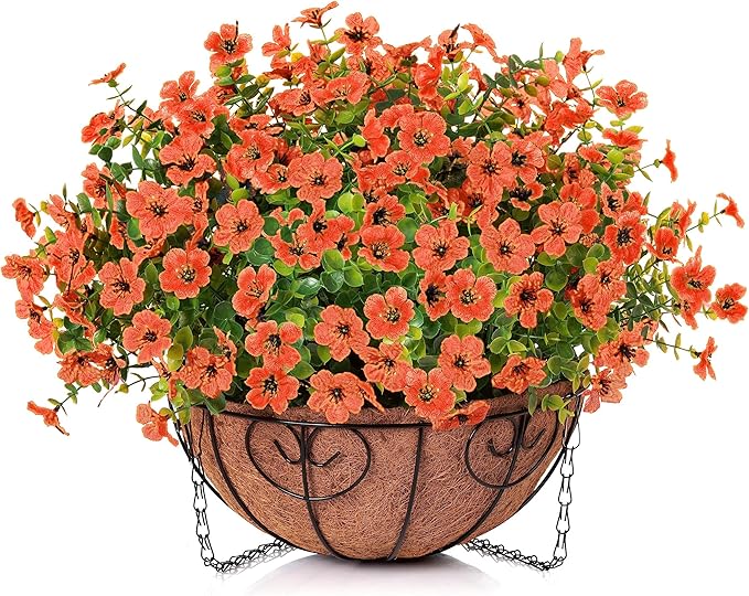 Artificial Fake Fall Hanging Plants Flowers Basket for Outdoor Decor, Faux Silk Orange Mums Daisy in Planter Look Real UV Resistant for Autumn Porch Home Patio Garden Yard Decoration-VerdiqueGarden