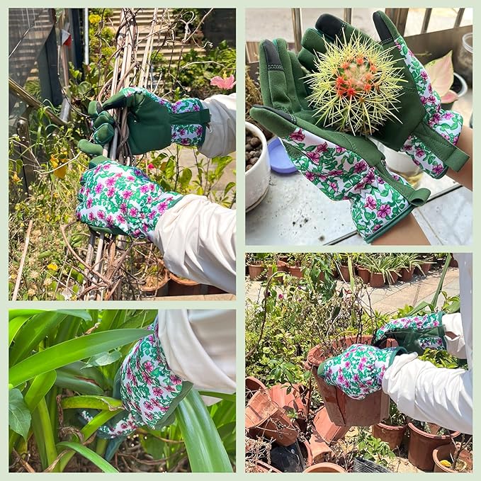 Gardening Gloves for Women, Garden Gloves with Touch Screen, Thorn Proof Puncture Resistant Working Gloves, Gardening Gifts for Women (Green with purple flowers, Medium)-VerdiqueGarden