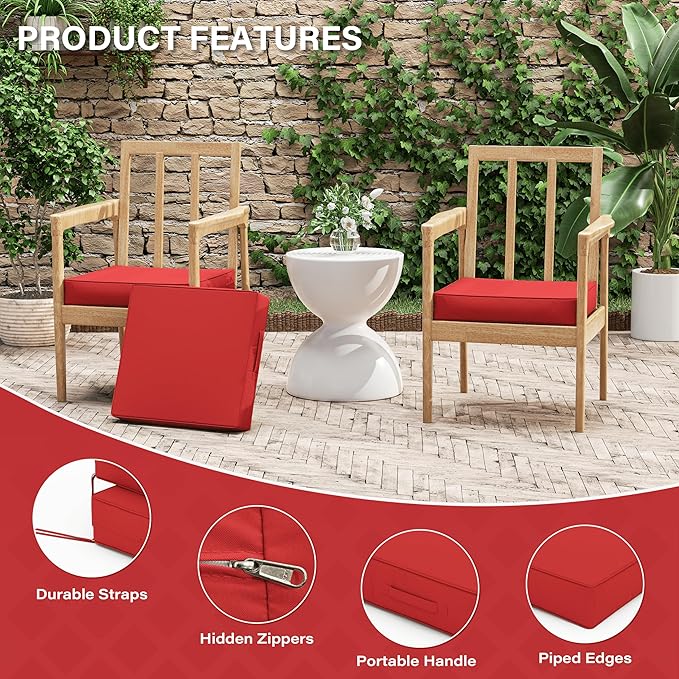 Patio Chair Cushions 17 X 16 X 3 Inch Waterproof Outdoor Seat Cushions for Patio Furniture, Outdoor Sofa Couch Pads with Ties & Handle, Set of 2, Red-VerdiqueGarden