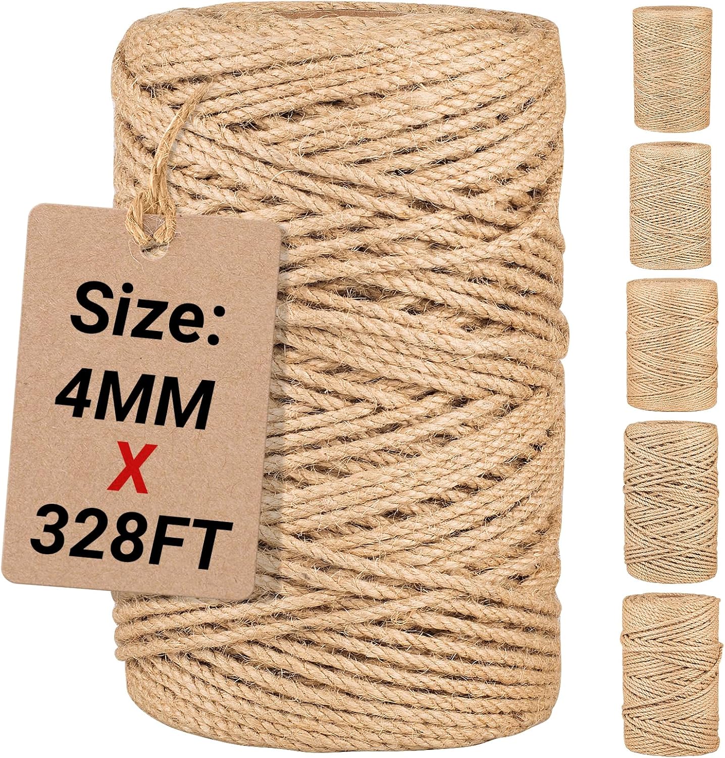 Natural Jute Twine String,Bulk Jute Rope Cord Twine for Crafting Gardening,Roll of Thick and Thin Twine for Gift Wrapping,Brown Decorative Rope,Ornament Twine for Cat Scratch Post (4mm x 328ft)-VerdiqueGarden