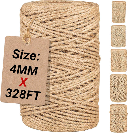 Natural Jute Twine String,Bulk Jute Rope Cord Twine for Crafting Gardening,Roll of Thick and Thin Twine for Gift Wrapping,Brown Decorative Rope,Ornament Twine for Cat Scratch Post (4mm x 328ft)-VerdiqueGarden
