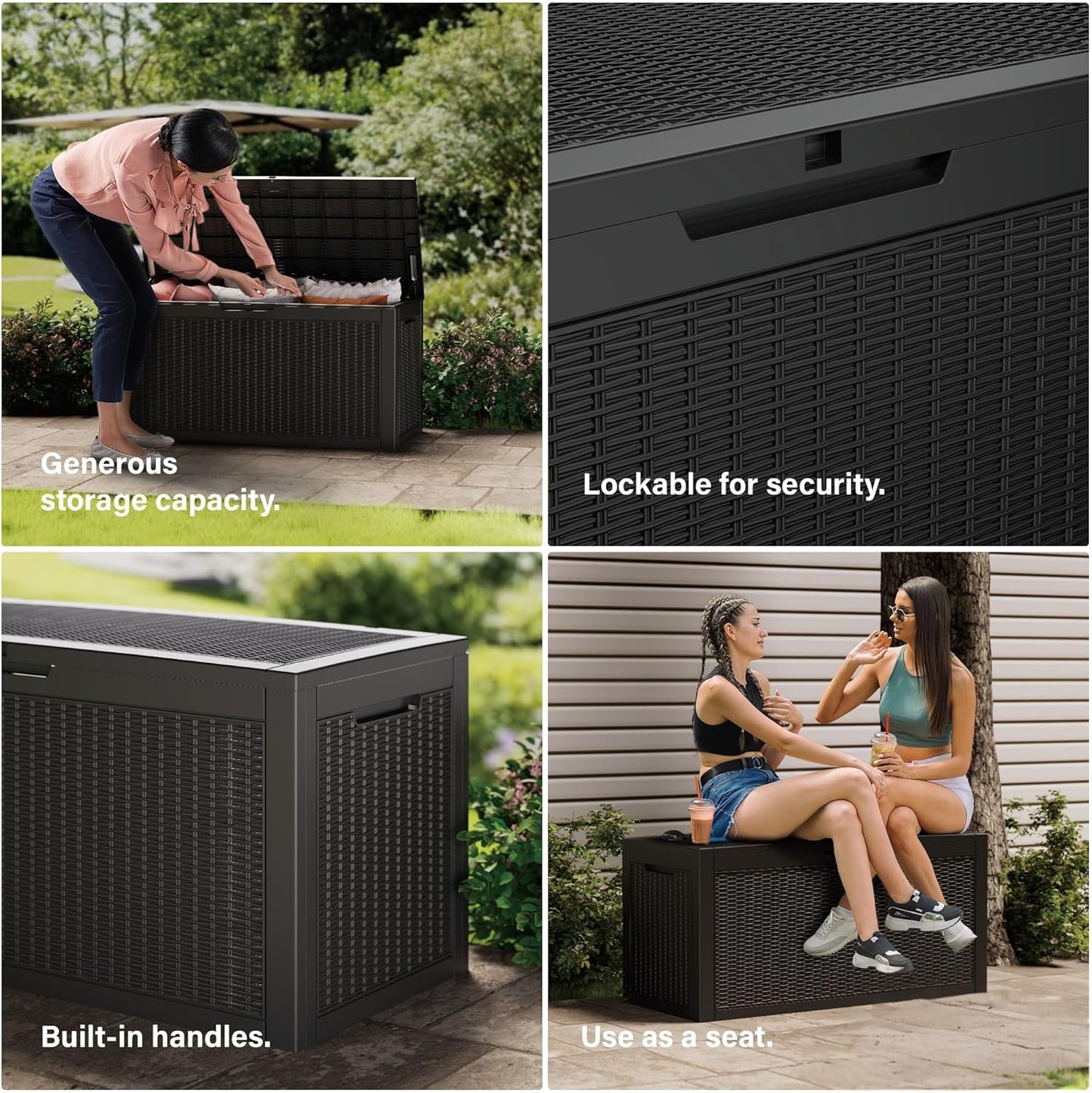 100GAL Black Wicker - Textured Outdoor Deck Box with Lockable – Waterproof, SGS - Verified UV Resistance, Stylish Storage for Patio Furniture & Outdoor Toys, Quick Assembly-VerdiqueGarden