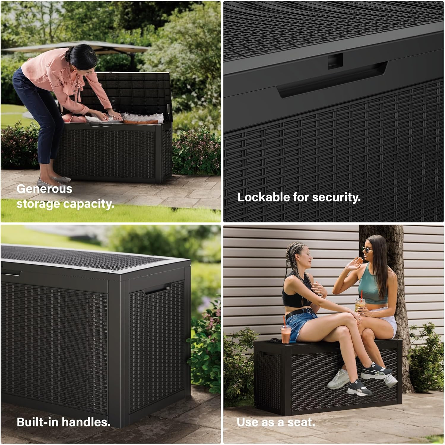 100 Gallon Double-Wall Resin Deck Box - Lockable Waterproof Outdoor Storage Box, 1000lbs Capacity & Doubles as Seating for Patio Furniture - Garden Tools, Pool Accessories (Black)-VerdiqueGarden