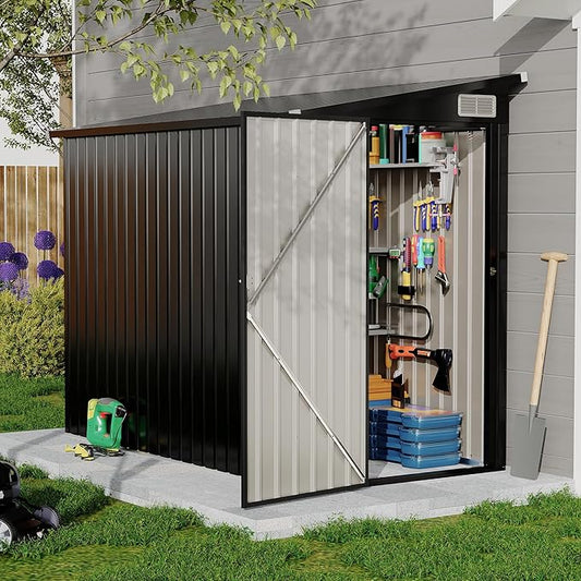 4x8 FT Metal Outdoor Lean to Storage Shed, Lean to Garden Shed Utility Tool Shed, Heavy-Duty Outdoor Metal Wall Side Storage Sheds-VerdiqueGarden