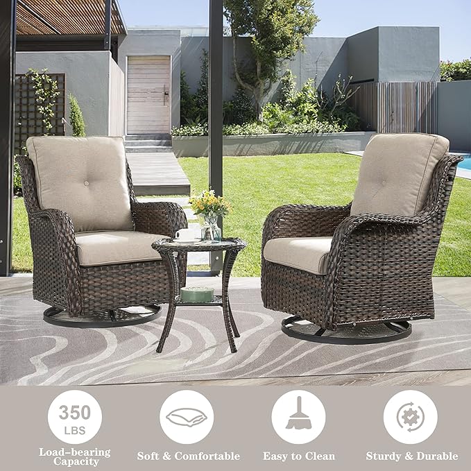 5 Pieces Patio Furniture Sets Wicker Outdoor Furniture, Rattan Patio Swivel Glider Chairs with 2 Ottoman and Glass Side Table-VerdiqueGarden