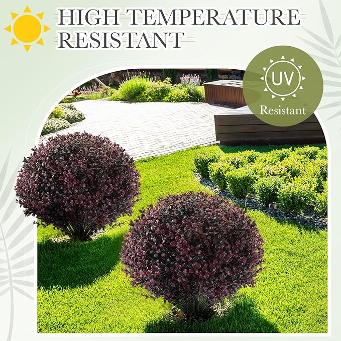 Yunlly 4 Pack 18" Artificial Boxwood Ball Bush Topiary Trees Fake Outdoor Plants, Realistic UV Resistance Faux Shrubs with Spike Greenery Topiary for Front Porch Garden Yard Patio Indoor (Dark Purple)-VerdiqueGarden