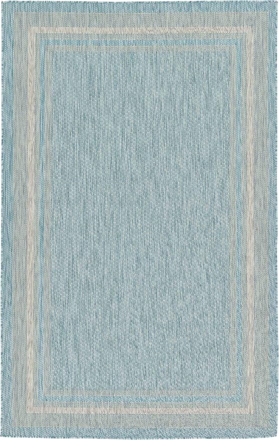 Unique Loom Outdoor Border Collection Area Rug - Soft Border (5' 1" x 8' Rectangle, Aquamarine/ Ivory)-VerdiqueGarden
