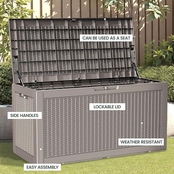100 Gallon Storage Box, Waterproof Resin Deck Box with Hydraulic Piston Design, Lockable Storage Bench for Package Delivery, Storage Bin for Patio Cushions, Garden Tools, Grey-VerdiqueGarden