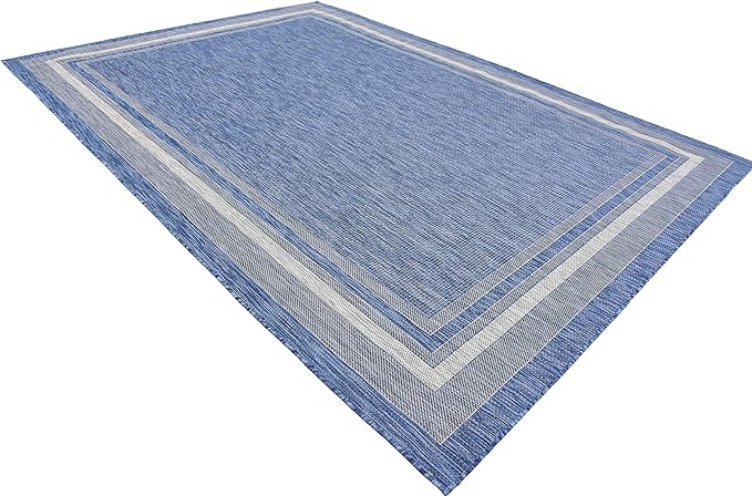 Unique Loom Outdoor Border Collection Area Rug - Soft Border (8' x 11' 4" Rectangle, Blue/ Ivory)-VerdiqueGarden