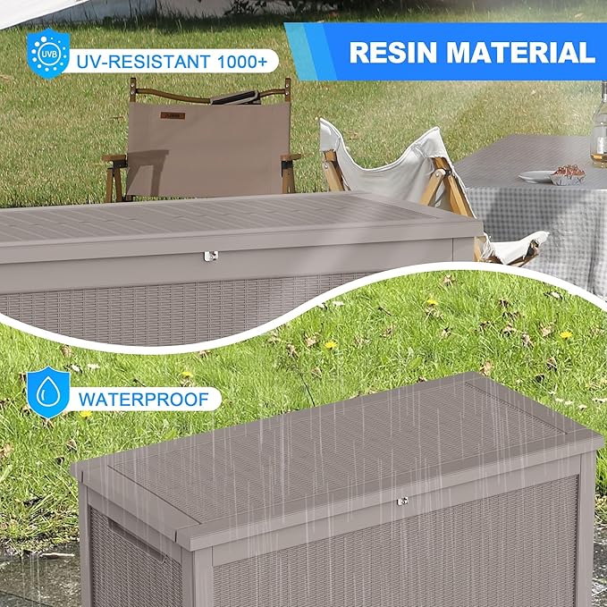 320 Gallon Lockable Resin Deck Box, Waterproof & UV-Resistant Outdoor Storage Box for Outdoor Cushion Storage, Garden Tools & Pool Accessories Storage, Gray-VerdiqueGarden