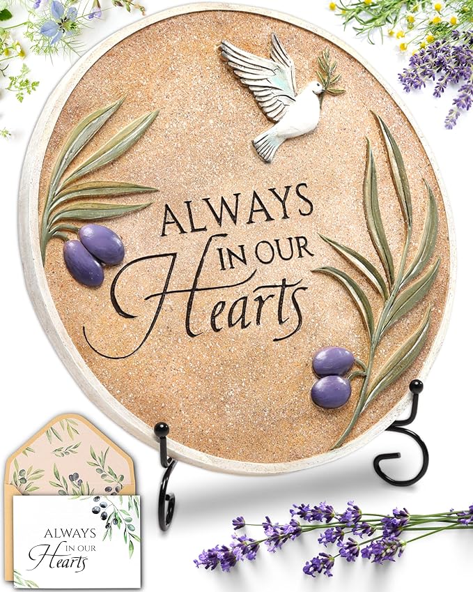 10-Inch Garden Memorial Stone with Included Plaque Stand & Sympathy Card, Memorial Plaques for Outdoors with Peace Dove Amongst Olive Branches, Memorial Stepping Stone for Loss of Loved One-VerdiqueGarden