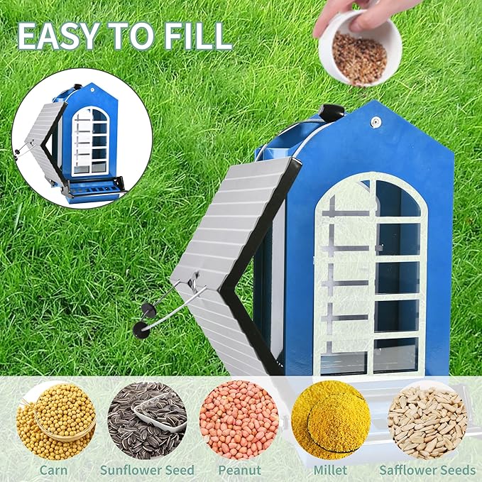 Bird Feeder Squirrel Proof Metal Hanging for Outdoor Wild Bird Seed, 5LBS with Bilateral Weight-Activated Perches, Heavy Duty Bird Feeders for Outside Wild Bird - Blue-VerdiqueGarden