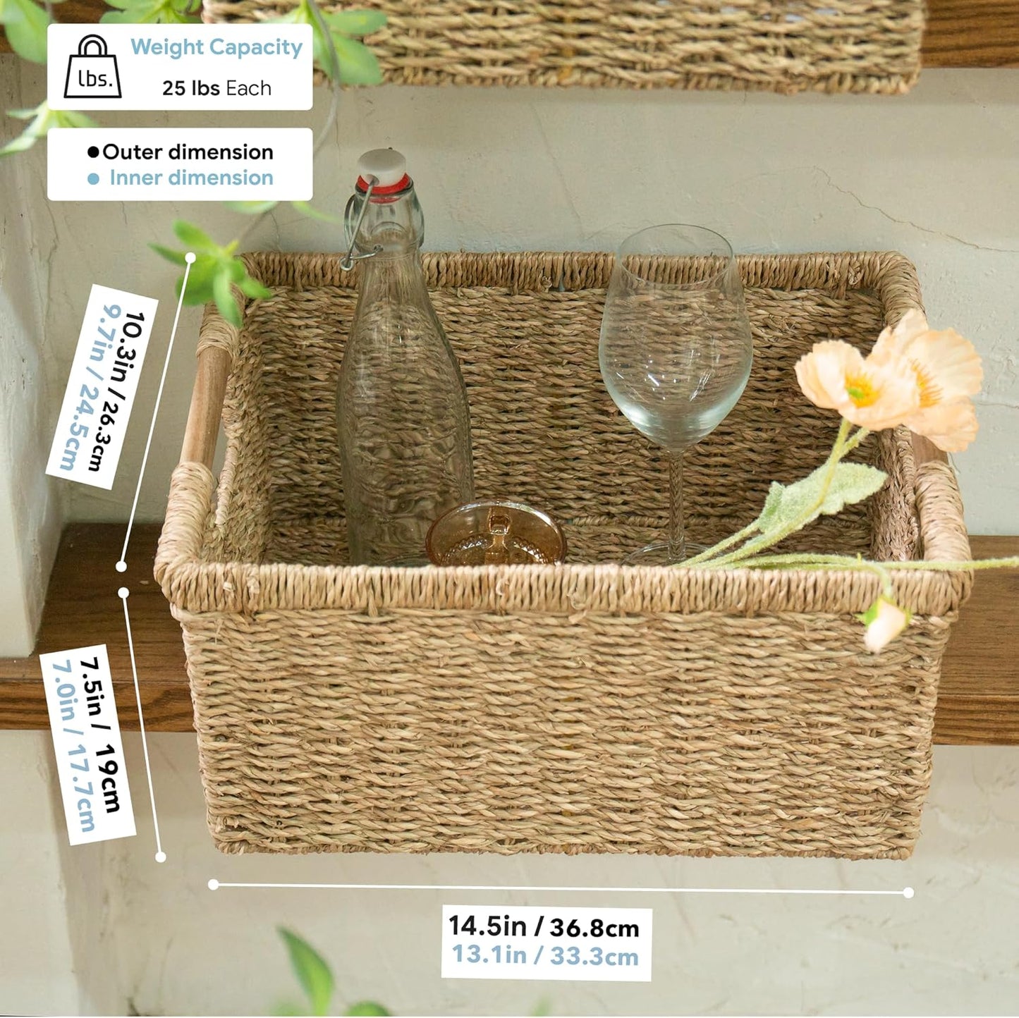 Large Wicker Basket Rectangular with Wooden Handles for Shelves, Seagrass Basket Storage, Natural Baskets for Organizing, Wicker Baskets for Storage - 3 Pack Large-VerdiqueGarden