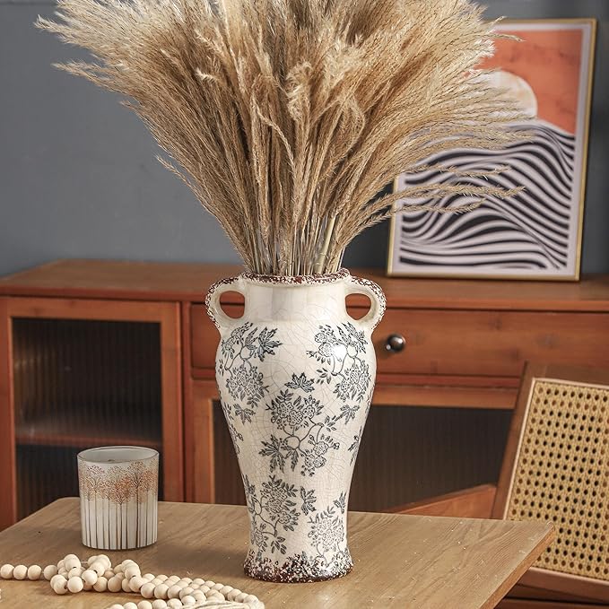 Enra Vintage vase with Handle,12.6 inch Blue and White Ceramic Decorative Flower vase, Chinoiserie Floral Vase,Large Rustic Vases for Home Decors, Living Room, Bookshelf, Office-VerdiqueGarden
