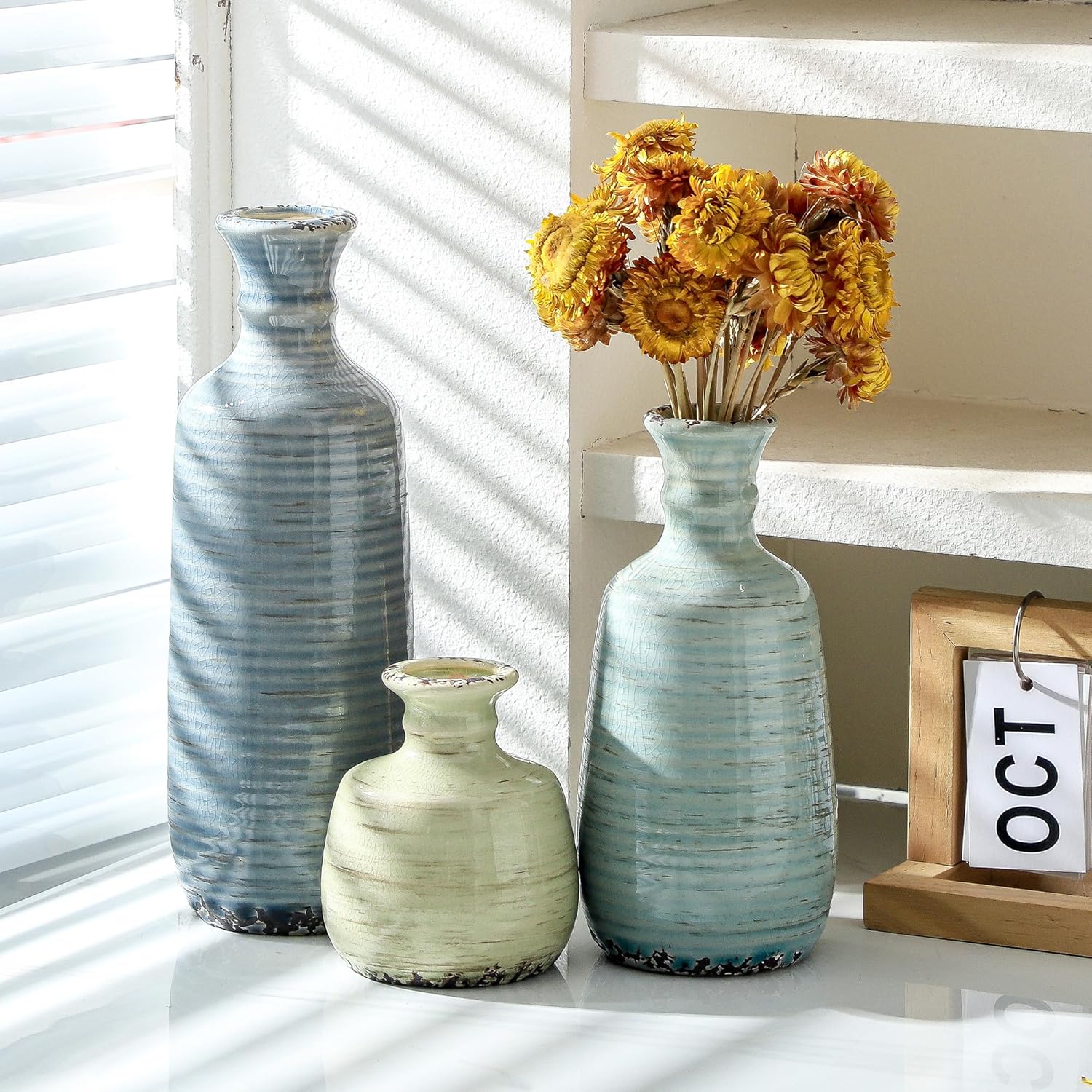 Ceramic Vase Set of 3, Rustic Neutral Vases Home Decor Farmhouse Decorative Flower Vase Modern Boho Pampass Vases for Table Mantel Entryway Shelf Living Room Kitchen Bathroom - Multicolor-VerdiqueGarden