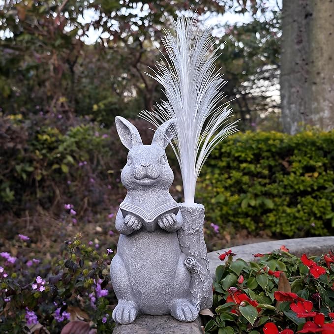 Rabbit Solar Garden Statues,Resin Rabbit Figurine Reading a Book and 7-Color Changing Optical Fiber with Solar Lights, Lawn Decor Outdoor Statue for Patio,Balcony,Yard,Lawn Ornament-VerdiqueGarden