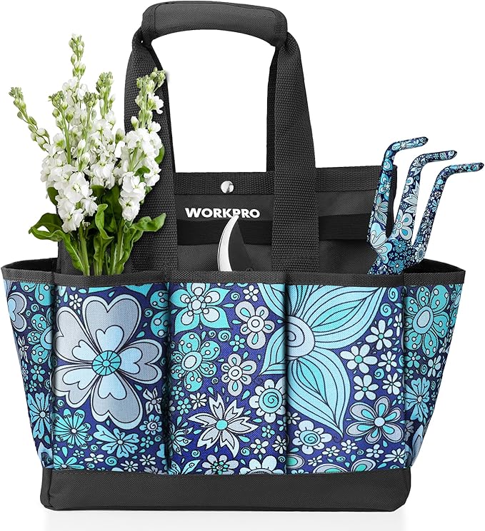 WORKPRO Garden Tool Bag, 9 Pockets Gardening Bag, Heavy Duty Oxford Garden Tote Caddy (Tools NOT Included), 12" x 12" x 6" (Floral Blue)-VerdiqueGarden