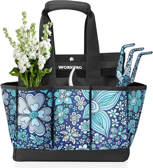 WORKPRO Garden Tool Bag, 9 Pockets Gardening Bag, Heavy Duty Oxford Garden Tote Caddy (Tools NOT Included), 12" x 12" x 6" (Floral Blue)-VerdiqueGarden