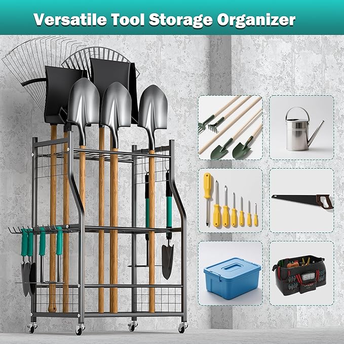 EVERHANGER Garden Tool Organizer Stand, Garage Tool Storage Organization, Yard Tool Racks with lockable wheels, Fit for Long-Handled Tools/Rakes/Brooms, Indoor/Outdoor Use-VerdiqueGarden