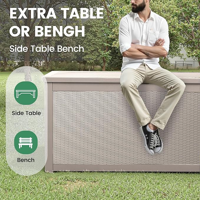 260 Gallon Storage Box, Waterproof Resin Deck Box with Steel Support & Hydraulic Rod, Lockable Storage Bench for Indoor & Outdoor Use, Storage Bin for Patio Cushions, Garden Tools, Grey-VerdiqueGarden