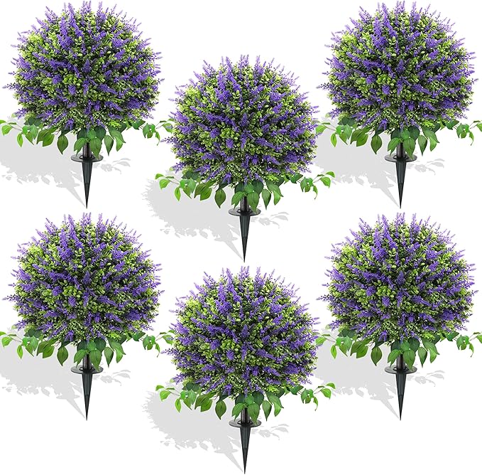 28" Artificial Boxwood Topiary Ball with Lavender, UV Resistant Topiary Tree Faux Boxwood Ball Shaped Porch Bushes with Ground Spike Artificial Bushes for Outdoors Front Door Decor Home Garden-VerdiqueGarden
