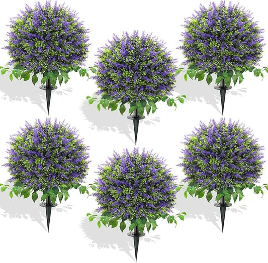28" Artificial Boxwood Topiary Ball with Lavender, UV Resistant Topiary Tree Faux Boxwood Ball Shaped Porch Bushes with Ground Spike Artificial Bushes for Outdoors Front Door Decor Home Garden-VerdiqueGarden