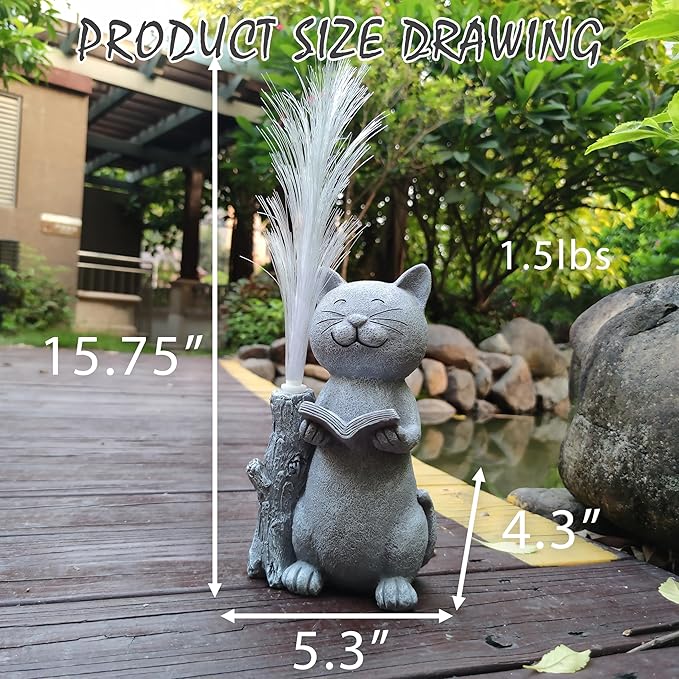 Cat Solar Garden Statues,Resin Cat Figurine Reading a Book and 7-Color Changing Optical Fiber with Solar Lights, Lawn Decor Outdoor Statue for Patio,Balcony,Yard,Lawn Ornament-VerdiqueGarden