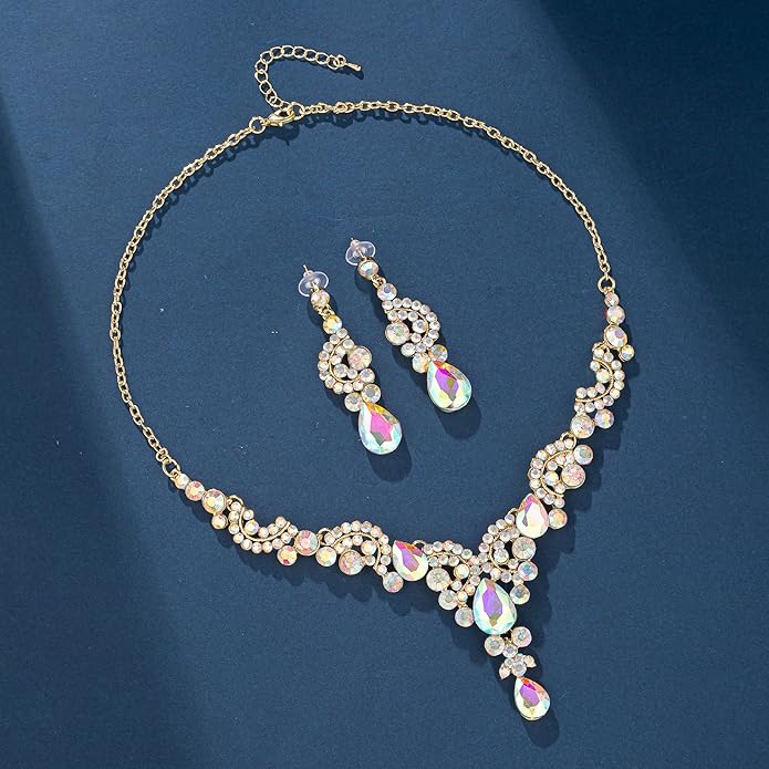 Crystal Bridal Wedding Jewelry Sets for Women Rhinestone Teardrop Crystal Statement Choker Necklace Drop Earrings Link Bracelets Rings Teardrop Jewelry Set for Brides Bridesmaids