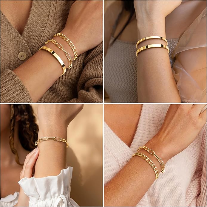 Chunky Gold Bracelets Stack for Women Non Tarnish, Waterproof 14K Gold Plated Bangle Cuff Bracelets Set for Women Trendy Thick Layered Cuban Link Chain Paperclip Rope Stackable Bracelet for Jewelry Gifts