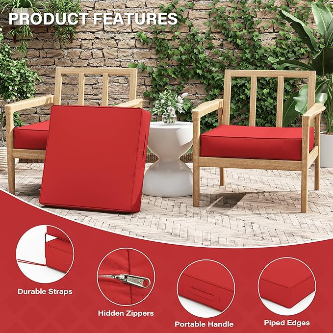 Patio Chair Cushions 24 X 24 X 5 Inch Waterproof Outdoor Seat Cushions for Patio Furniture, Outdoor Sofa Couch Pads with Ties & Handle, Set of 2, Red-VerdiqueGarden